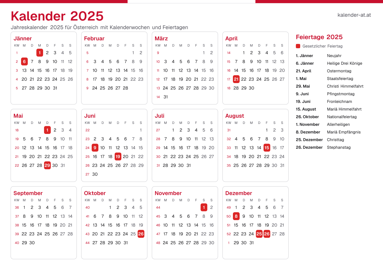Kalender 2025 mit Kalenderwochen und Feiertagen