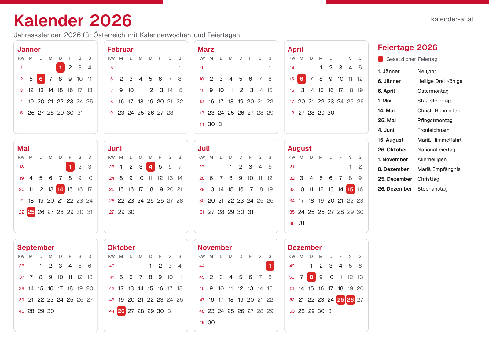 Kalender 2026 mit Kalenderwochen und Feiertagen