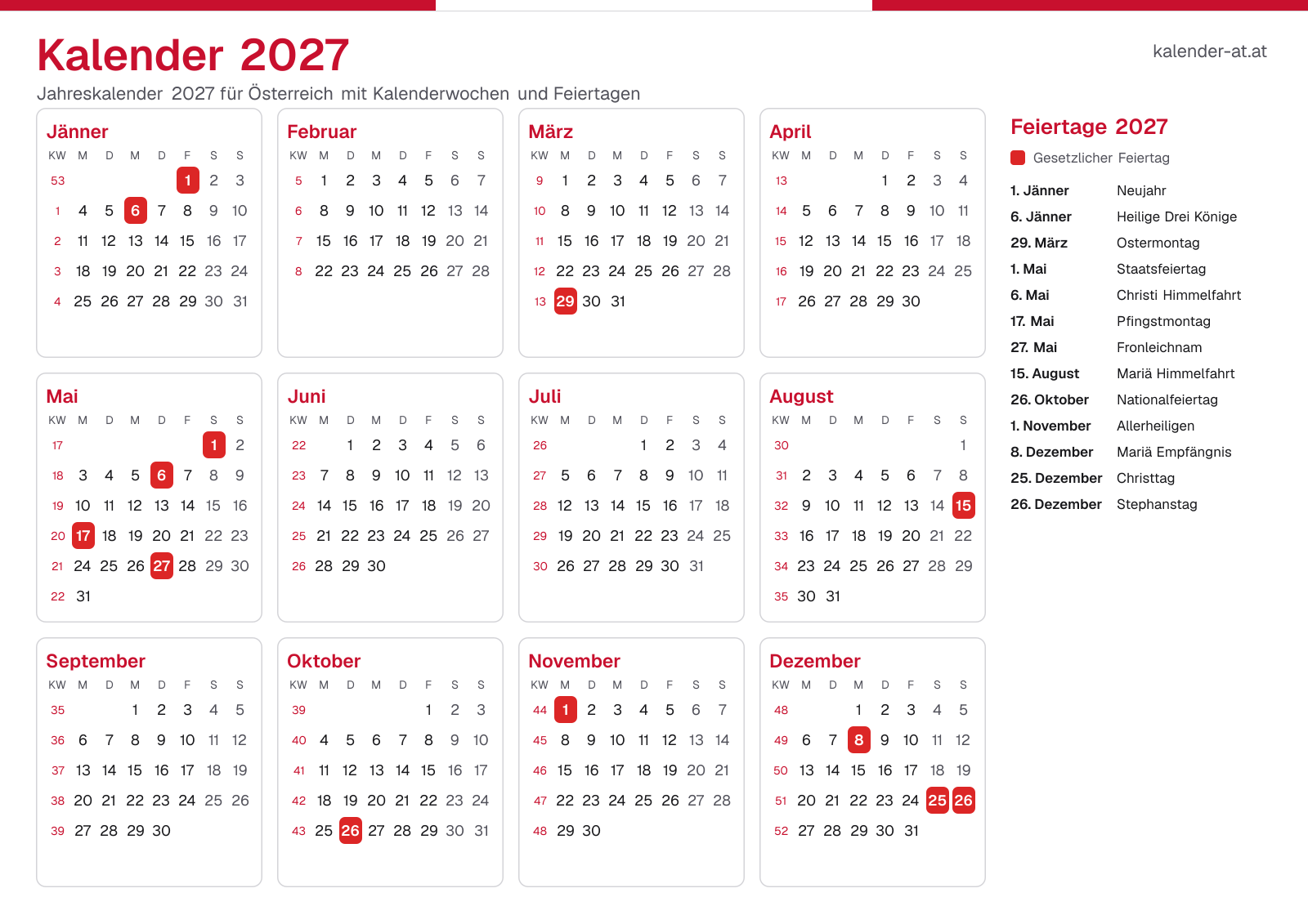 Kalender 2027 mit Kalenderwochen und Feiertagen
