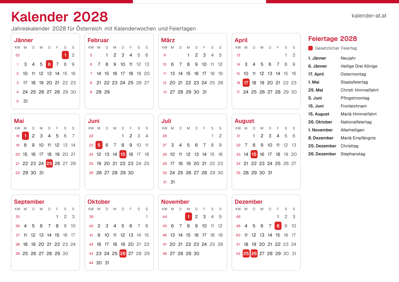 Kalender 2028 mit Kalenderwochen und Feiertagen