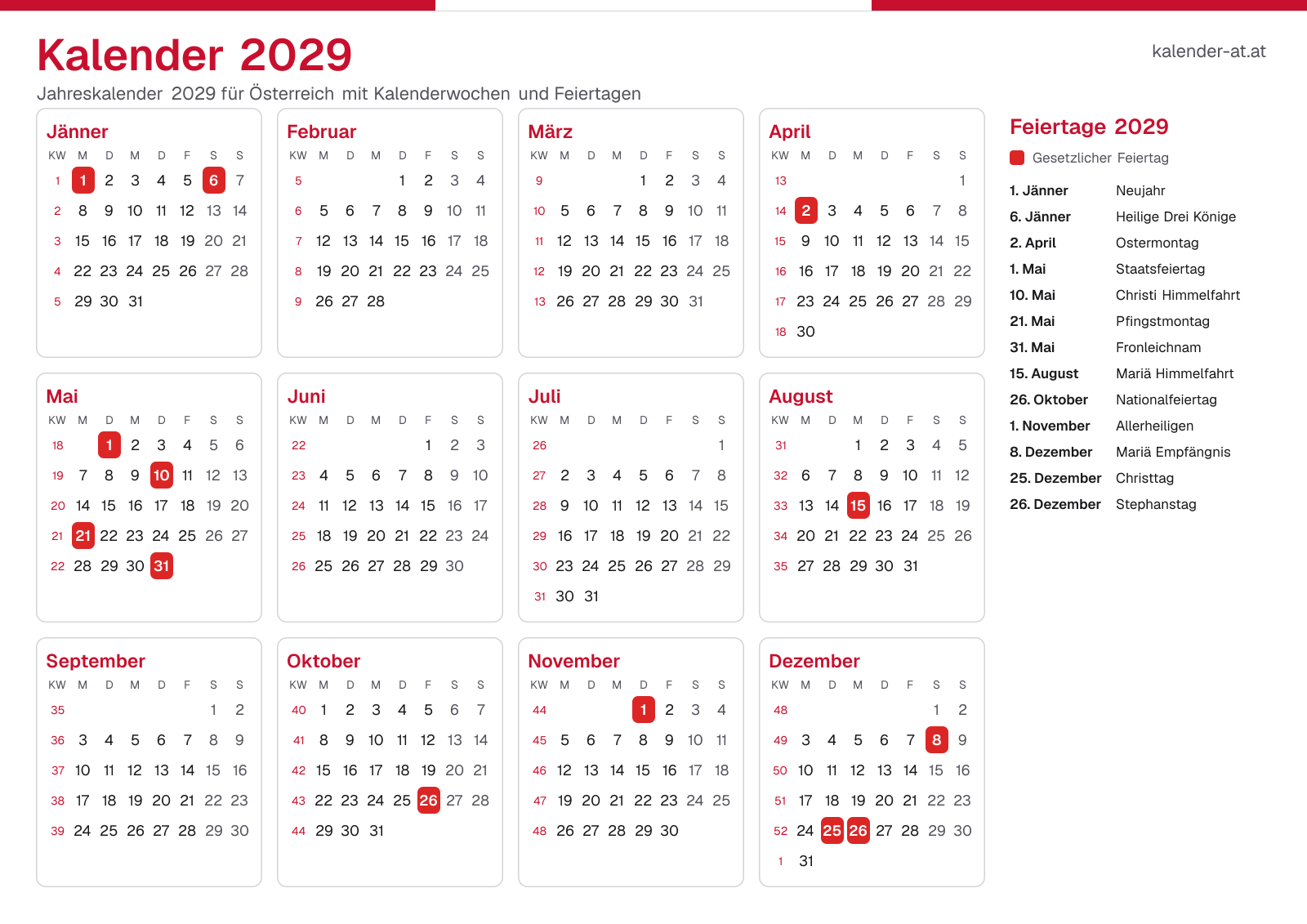 Kalender 2029 mit Kalenderwochen und Feiertagen