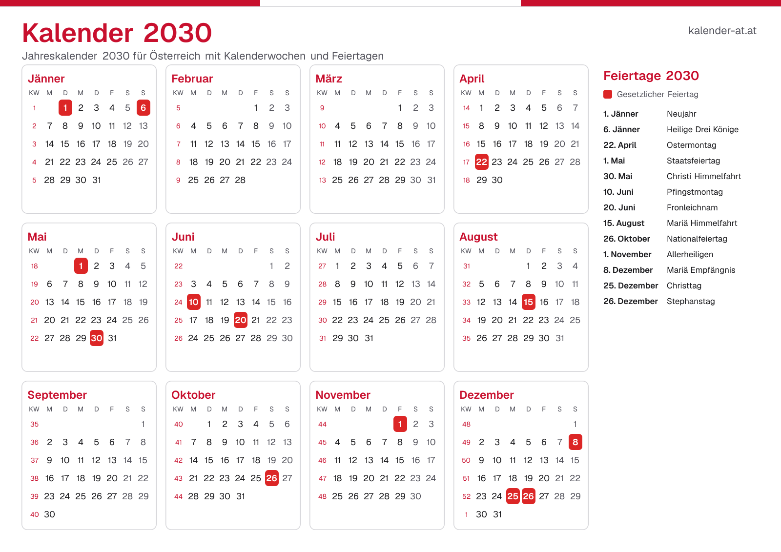 Kalender 2030 mit Kalenderwochen und Feiertagen