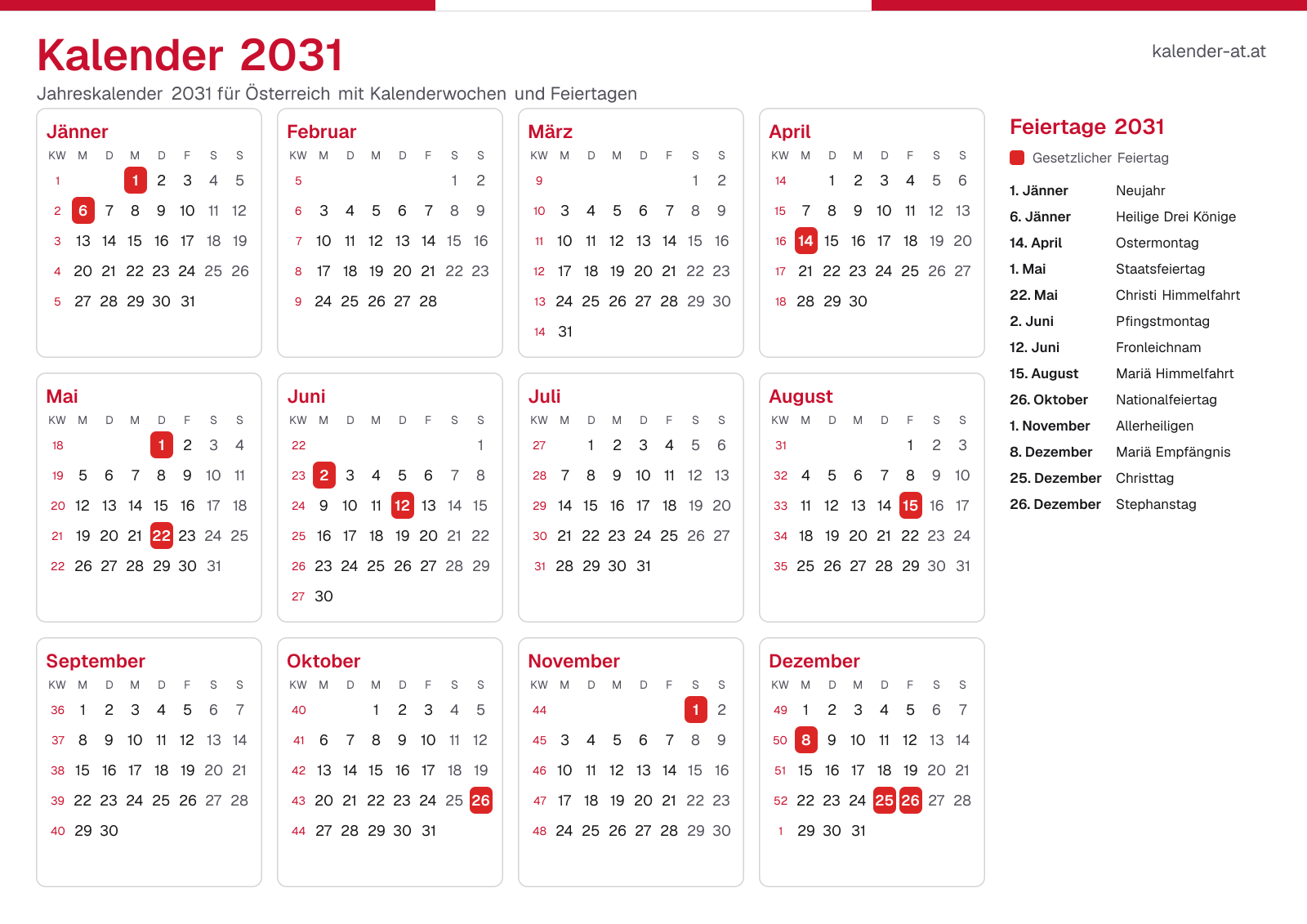 Kalender 2031 mit Kalenderwochen und Feiertagen
